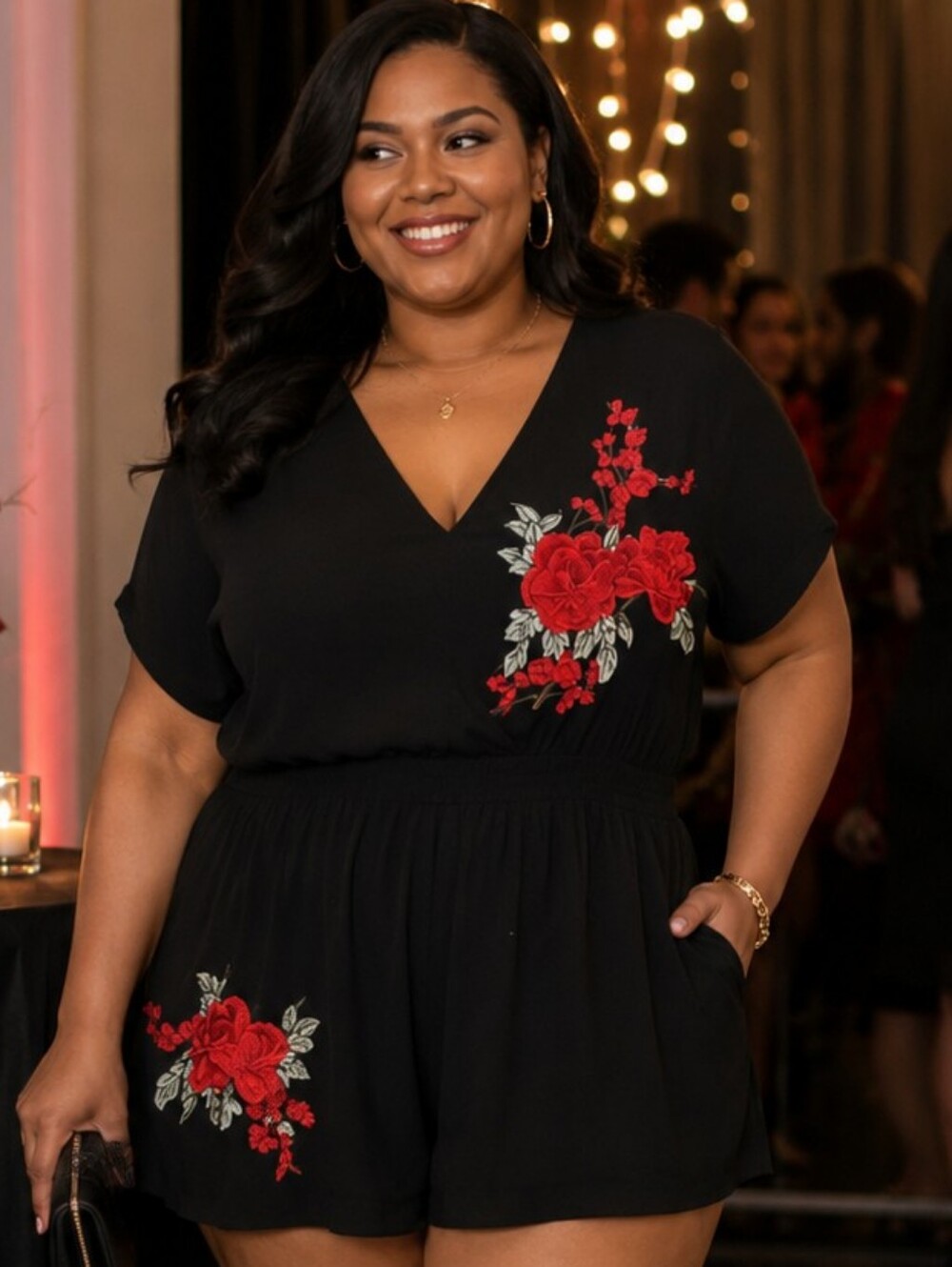 Boohoo Black and Embroidered Red Floral Romper. In EUC